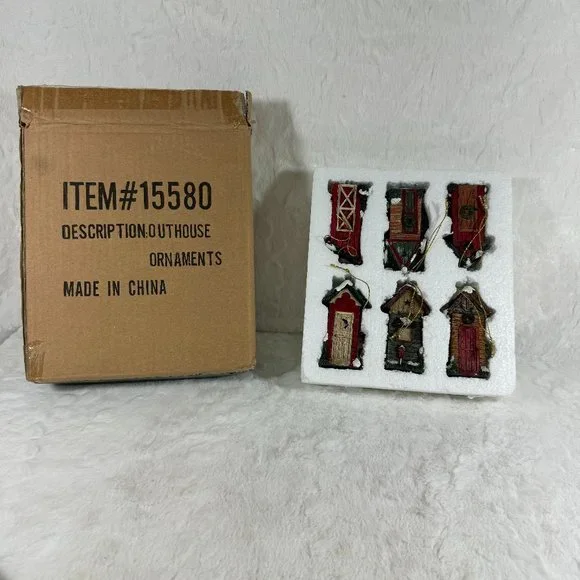 Set of 6 Christmas hanging ornaments Outhouses Resin 3 1/2" tall different style - Picture 2 of 12